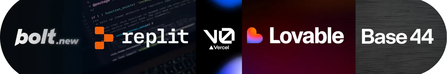 The logos of bolt.new, Replit, v0 by Vercel, Lovable and Base44