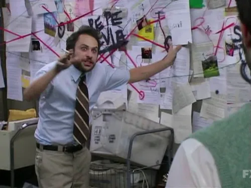 Charlie from It's Always Sunny in Philadelphia at his conspiracy board