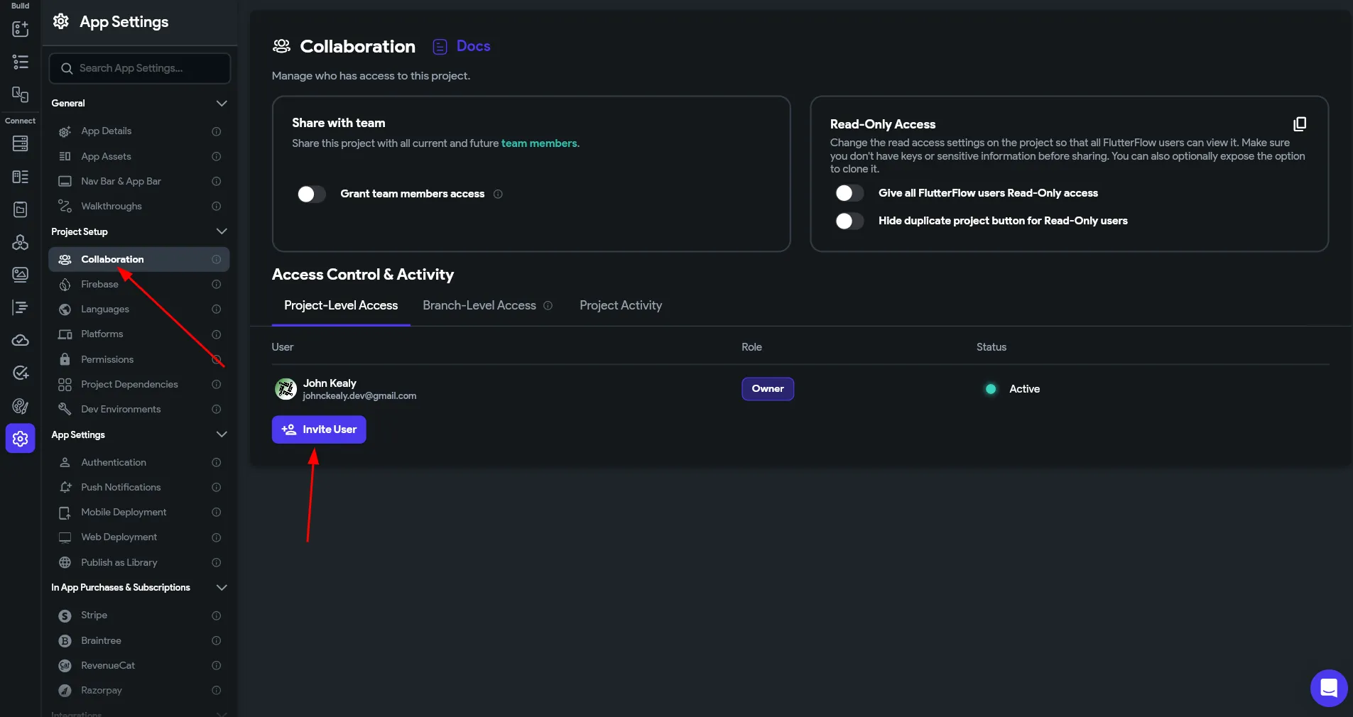 Flutterflow collaborator screenshot