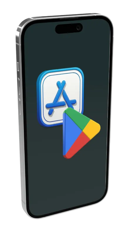 A phone whose screen shows the App Store and Google Play logos