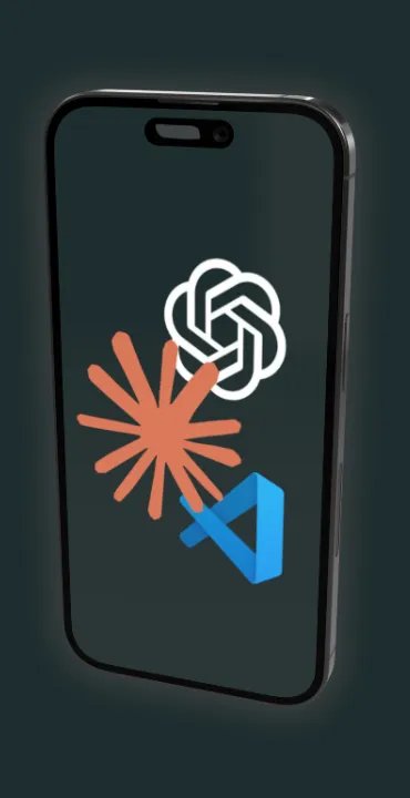 A phone whose screen shows the Claude, OpenAI and VS Code logos
